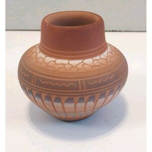 VIntage Michael Charlie Navajo Pottery Carved Vase, Signed Small Native American
